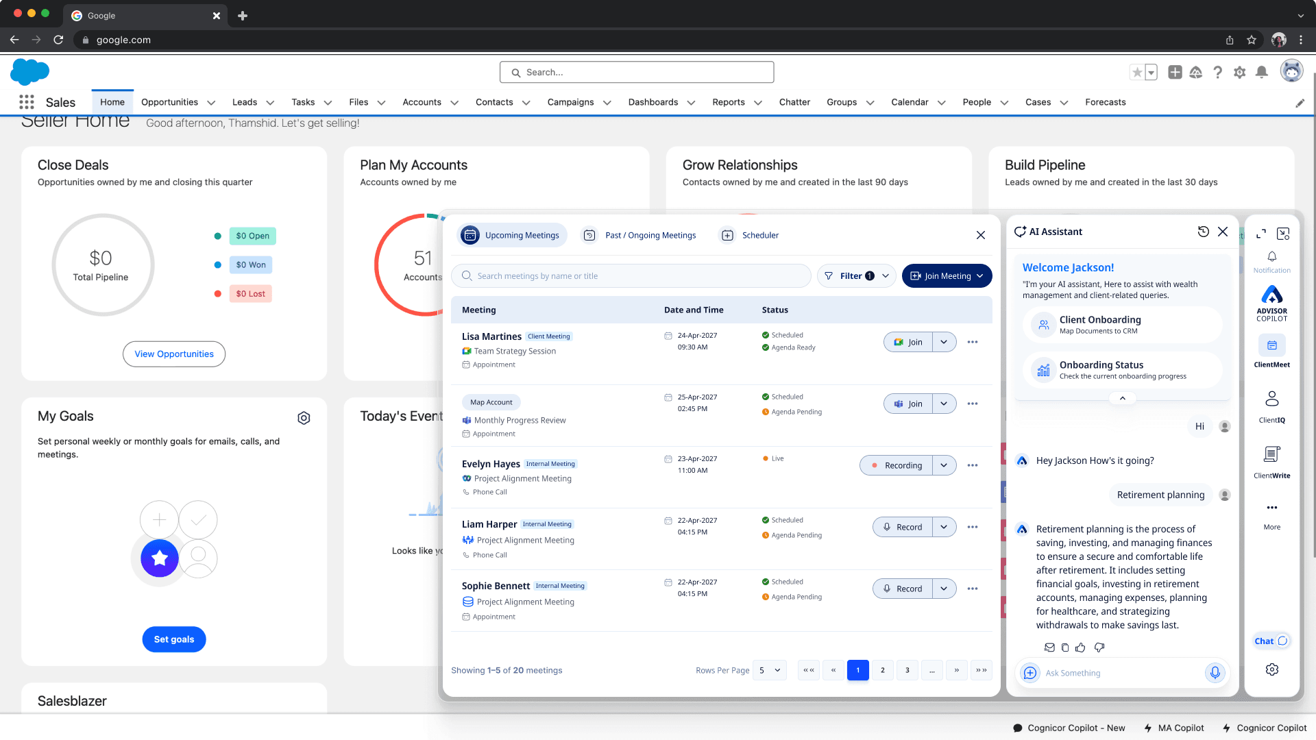 After: one unified Advisor Copilot workspace docked in the CRM.
