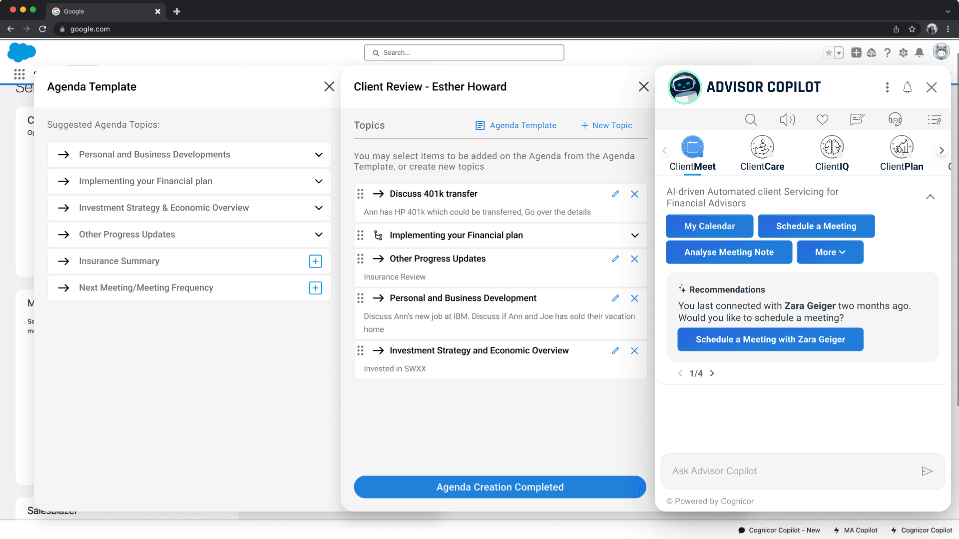 The old chat-gated prototype: three stacked modals crammed over the CRM, each step gating the next.
