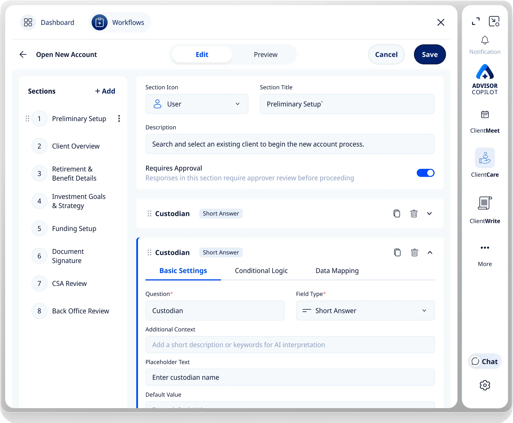 The ClientCare workflow builder — sections, fields, Basic Settings, Conditional Logic and Data Mapping.