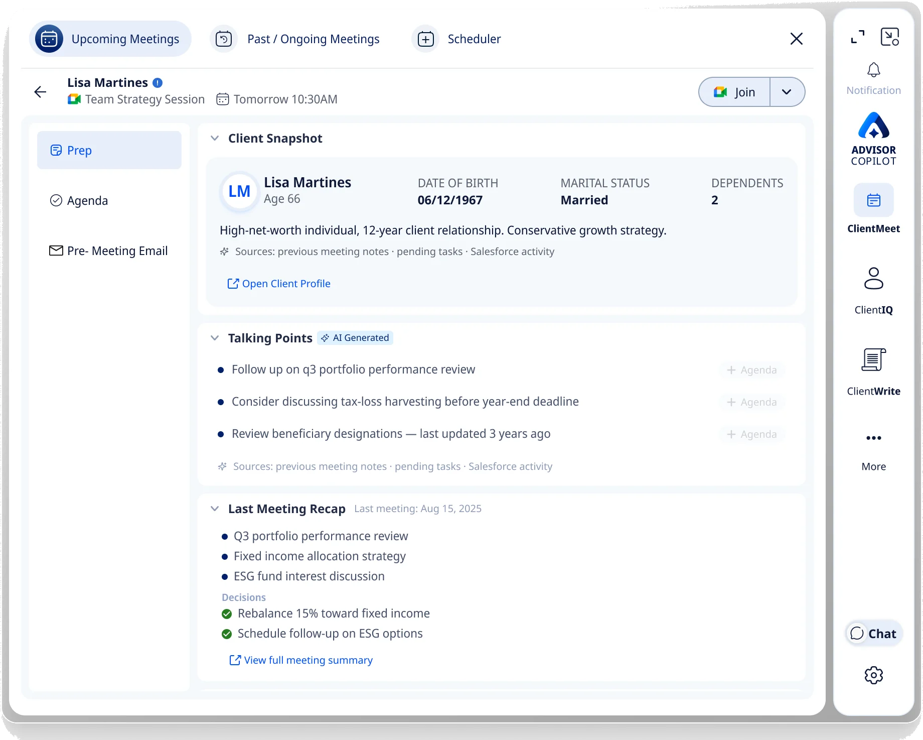 The three tabs across the top of ClientMeet: Upcoming, Past / Ongoing, Scheduler.